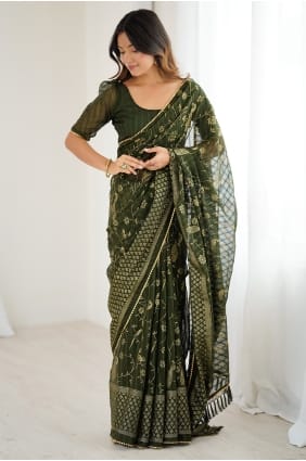 Mehendi Georgette Saree with Lace SR30008