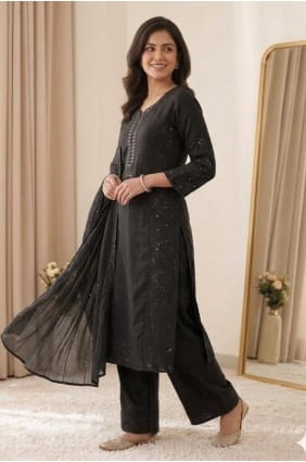 Salwar Kameez in Black Chanderi with Mirror SK159133
