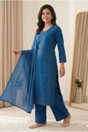 Mirror Salwar Kameez in Teal Chanderi SK159136