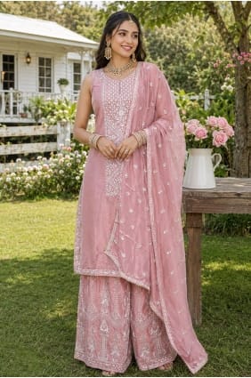 Pink Chinon chiffon Mirror Palazzo Suit with Dupatta PZ4520