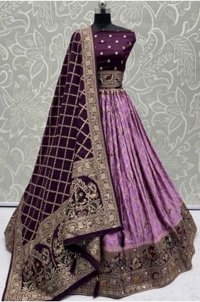 Purple Mirror Work Satin Georgette Lehenga Choli Design LC8651