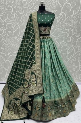 Sea Green Mirror Satin Georgette Lehenga Choli with Dupatta LC8652