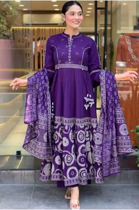 Embroidered Muslin Anarkali Suit in Purple AS4156