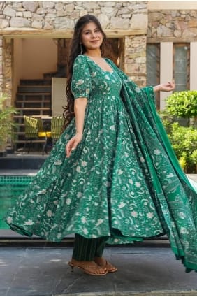 Green Anarkali Suit with Printed Muslin AS4315