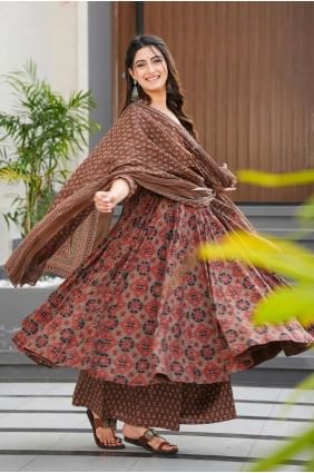 Muslin Brown Straight Pant Suit in Printed AS4059