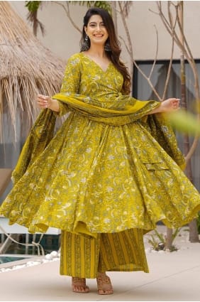 Olive Printed Muslin Anarkali Suit AS4314