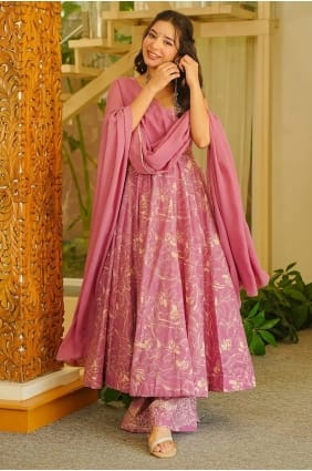 Printed Muslin Anarkali Suit in Pink AS4345