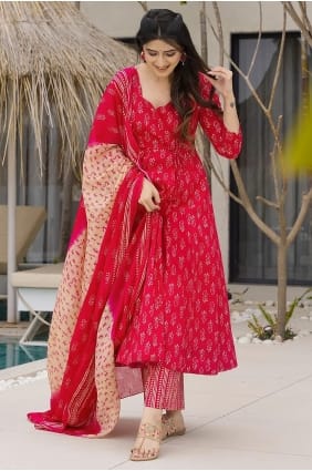 Muslin Anarkali Suit with Printed in Pink AS4310