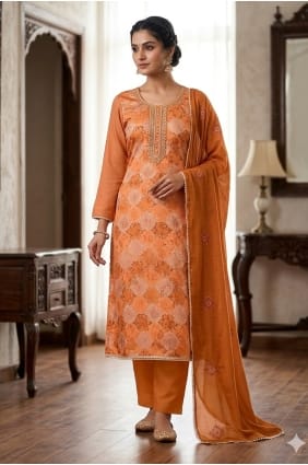 Rust Printed Salwar Kameez in Muslin SK159109