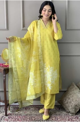 Muslin Yellow Straight Pant Suit in Printed SK155256