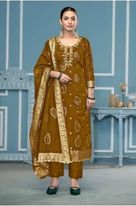 Mustard Banarasi silk Embroidered Straight Pant Suit with Dupatta SK155327