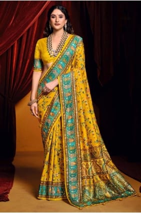 Mustard Digital print Saree in Tussar silk SR28434