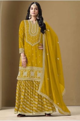 Mustard Embroidered Art silk Palazzo Suit PZ4137