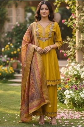 Mustard Silk Embroidered Eid Salwar Kameez with Dupatta SK155968