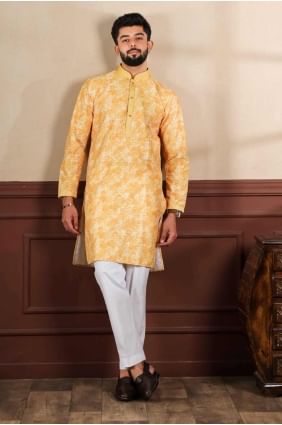 Mustard Men Kurta in Printed Cotton blend KURR490