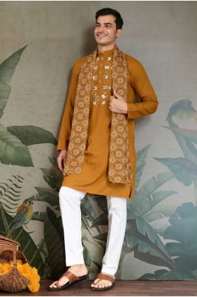 Mustard Viscose Embroidered Men Kurta with Dupatta KURR601