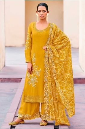 Printed Chiffon Mustard Palazzo Suit with Dupatta PZ4188