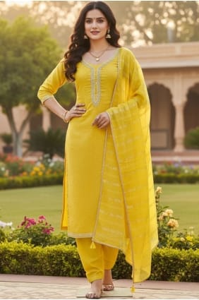Chanderi Embroidered Mustard Salwar Kameez with Dupatta SK15683