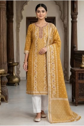 Hand work Salwar Kameez in Mustard Cotton SK159146