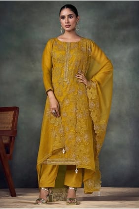 Embroidered Salwar Kameez in Mustard Chiffon SK15766
