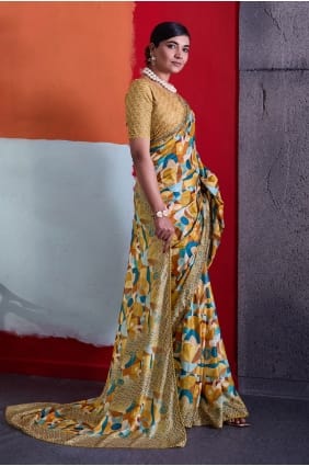 Crepe Saree with Printed in Mustard SR30042