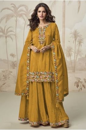 Mustard Embroidered Shimmer Palazzo Suit with Dupatta PZ4180