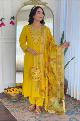 Mustard Straight Pant Suit in Embroidered Rayon SK155505