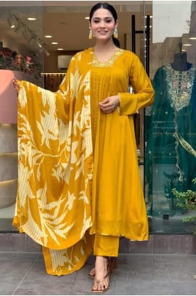 Mustard Straight Suit in Chiffon with Embroidered SK155319