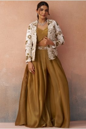 Mustard Palazzo Suit in Tissue with Embroidered PZ4501