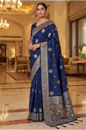 Navy blue Banarasi silk Saree with Embroidered SR29673
