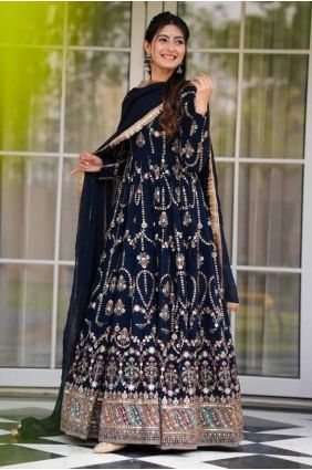 Navy blue Gown Dress in Sequins Faux georgette GW1178