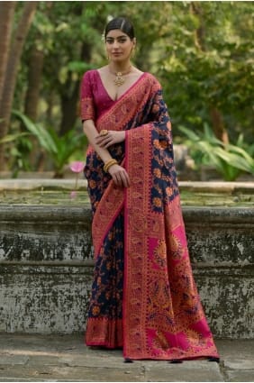 Navy blue Saree in Pashmina with Zari,weaving SR29614