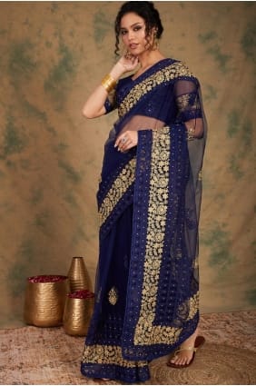 Saree in Navy blue Net with Embroidered SR29274