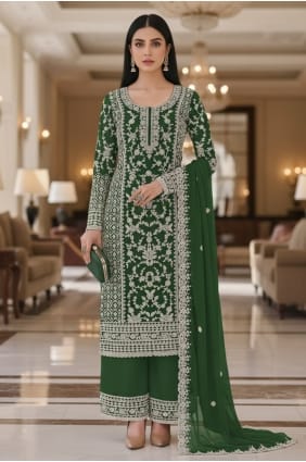 Embroidered Net Palazzo Suit in Green PZ4468