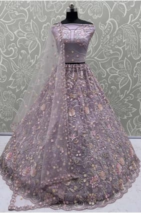 Net Lehenga Choli with Embroidered in Lavender LC8796