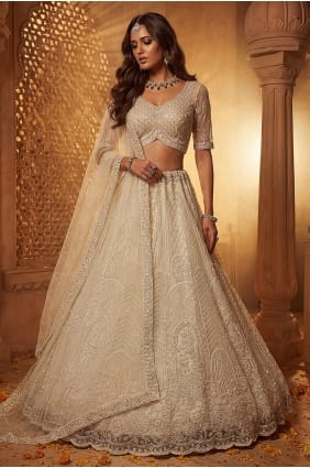 Embroidered Net Lehenga Choli in Off white with Dupatta LC9037