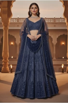 Blue Net Sequins Lehenga Choli with Dupatta LC8961