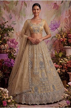 Golden Net Lace Lehenga Choli with Dupatta LC9028