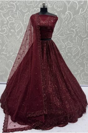 Stone with moti Lehenga Choli in Maroon Net LC8714