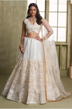 Off White Net Embroidered Lehenga Choli Ensemble LC8687