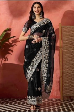 Net Black Party Wear Saree in Embroidered SR29311