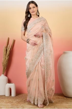Embroidered Net Party Wear Saree in Peach with Blouse SR29314