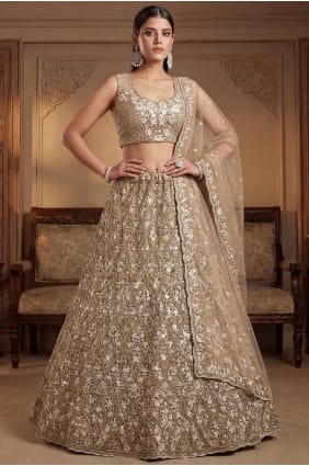 Embroidered Net Wedding Lehenga Choli in Golden with Dupatta LC8934
