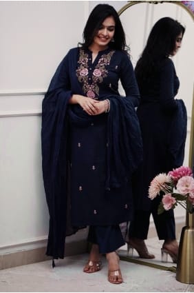 Embroidered Silk Eid Salwar Kameez in Nevy blue SK156004