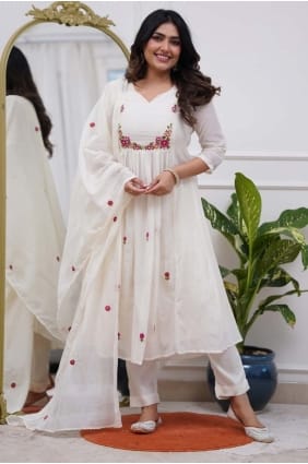 Off white Eid Anarkali Suit in Chanderi with Embroidered AS4169