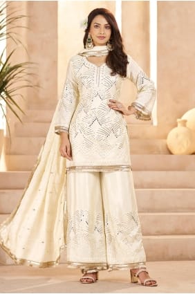 Embroidered Chinon chiffon Palazzo Suit in Off white with Dupatta PZ4436