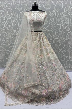 Embroidered Net Lehenga Choli in Off white LC8798