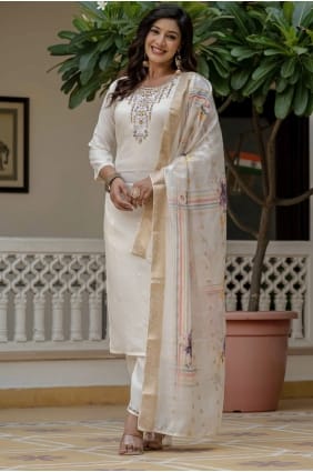 Silk Salwar Kameez with Embroidered in Off white SK155839