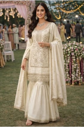 Silk Sharara Suit with Embroidered in Off white SS1353