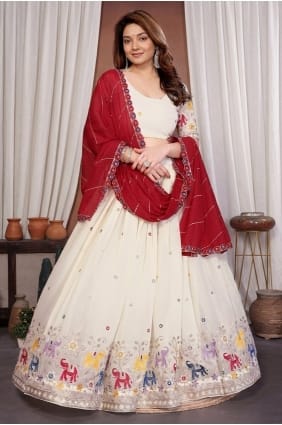 Off white Lehenga Choli in Embroidered Georgette LC9066